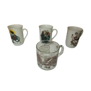 Vtg Norman Rockwell museum mugs & Currier and Ives "Homestead" glass mug